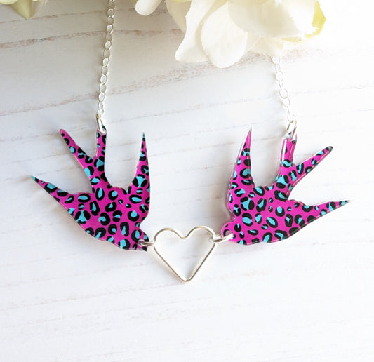 Double Swallow and Heart Necklace