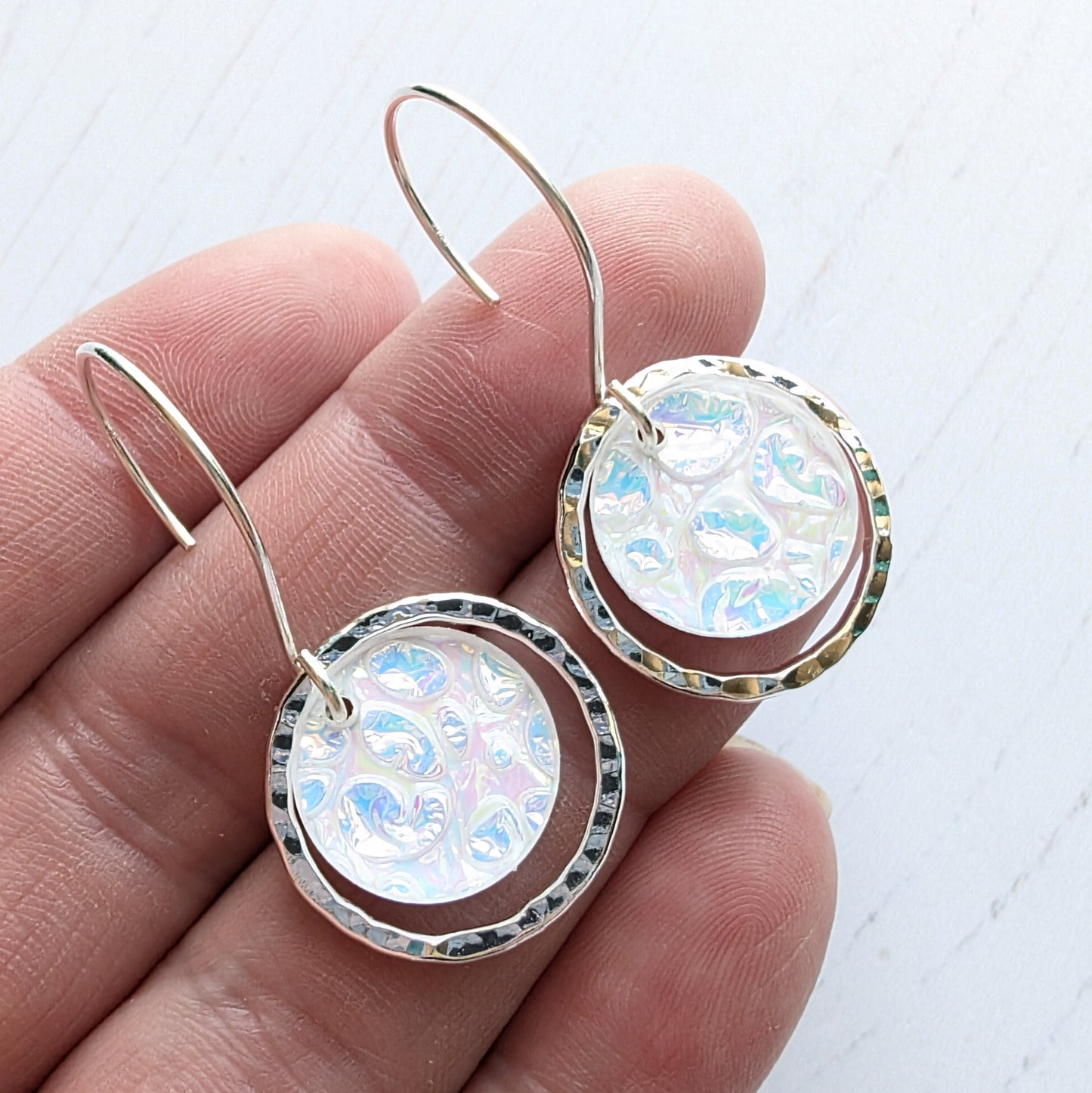 Hammered Circle Dichrolam circle drop earrings