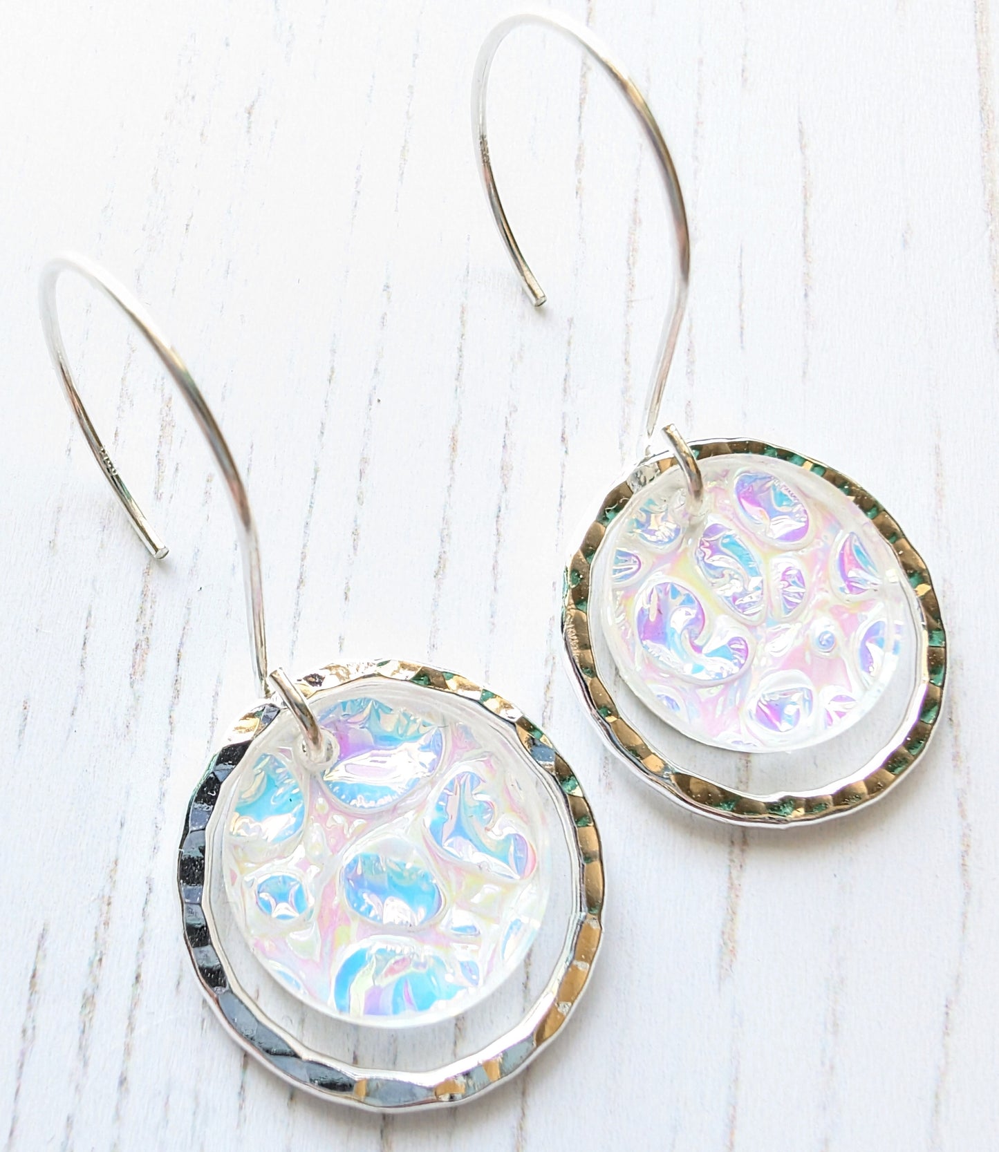 Hammered Circle Dichrolam circle drop earrings