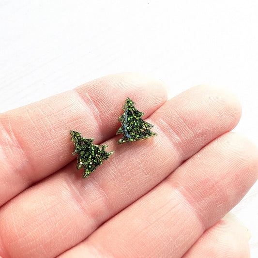 Christmas Tree Studs Dark Green Glitter