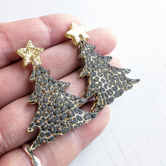 Large Drop Stud Christmas Tree Earrings Leopard