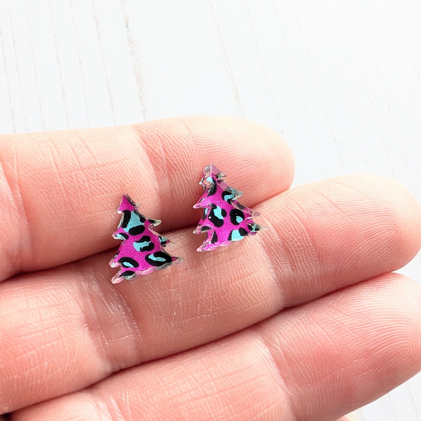 Christmas Tree Studs Pink Leopard Print