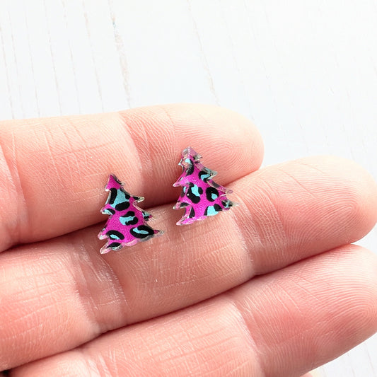 Christmas Tree Studs Pink Leopard Print