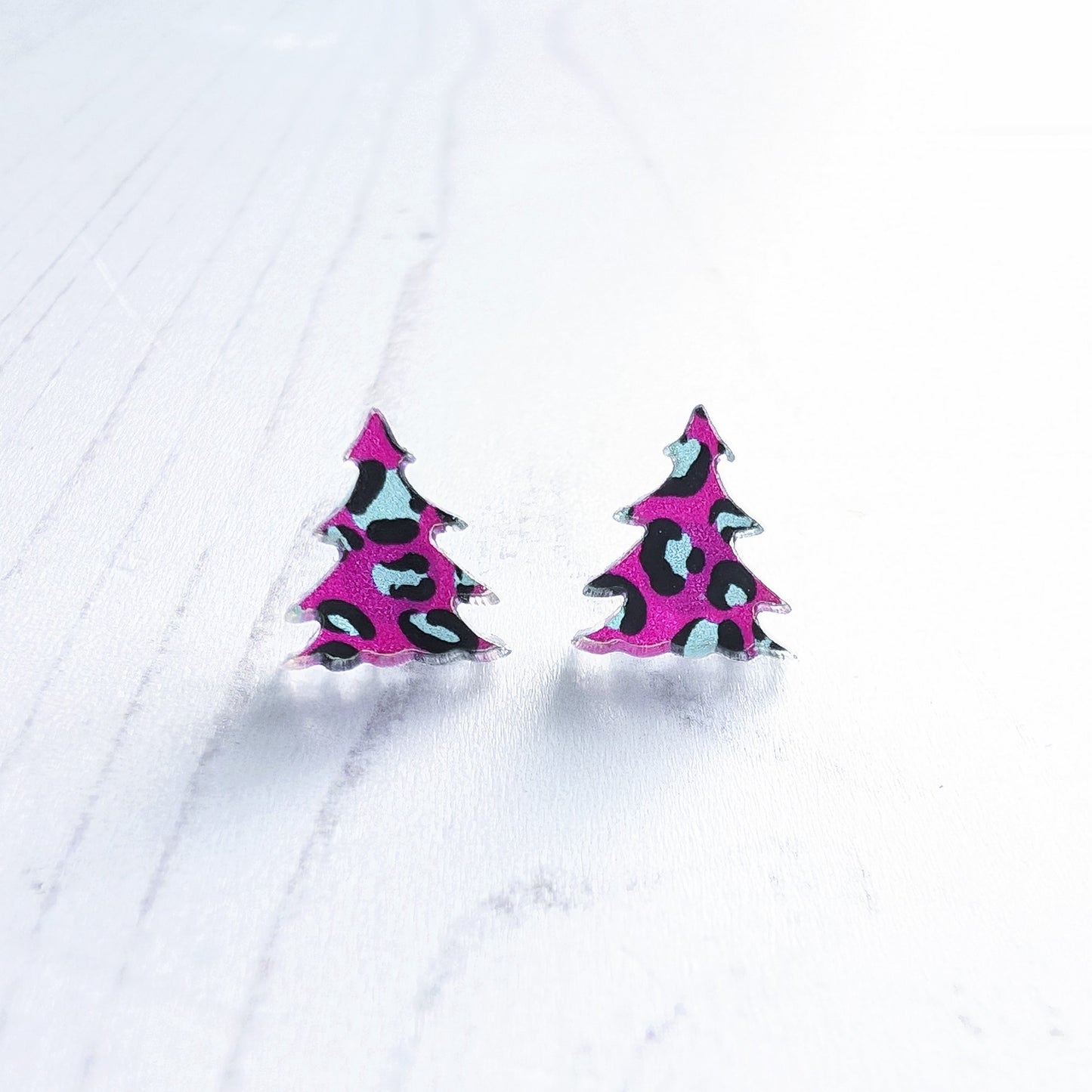 Christmas Tree Studs Pink Leopard Print