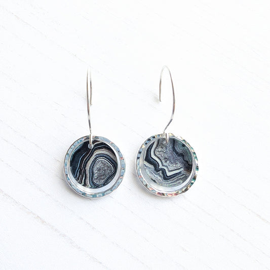 Hammered Sterling Silver circle earrings grey geode print