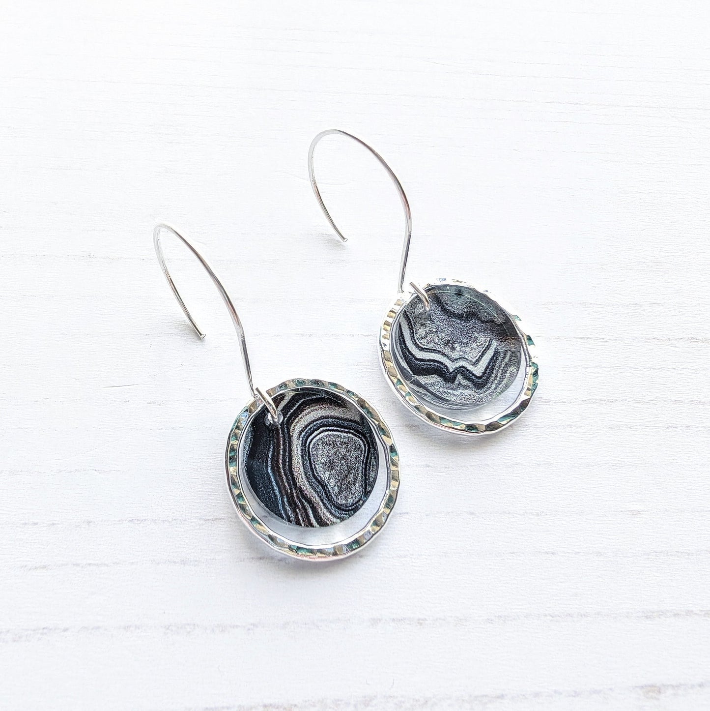 Hammered Sterling Silver circle earrings grey geode print