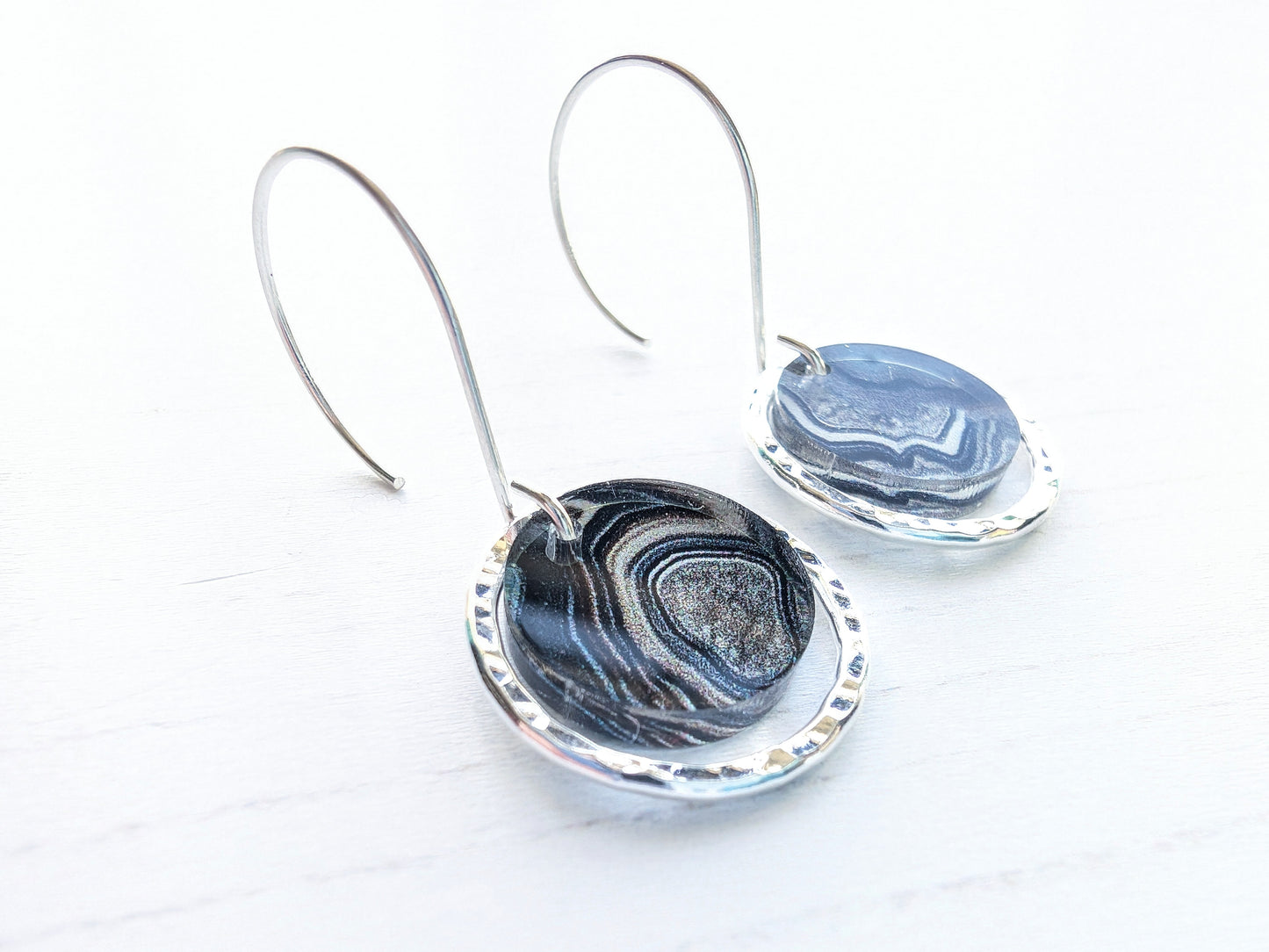 Hammered Sterling Silver circle earrings grey geode print