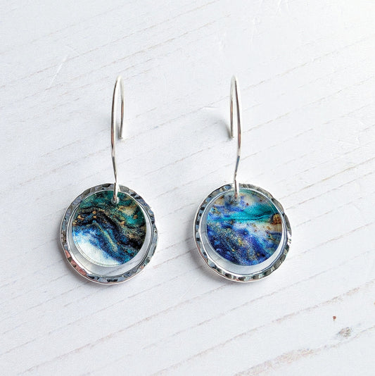 Hammered Sterling Silver circle earrings Natural Turquoise print