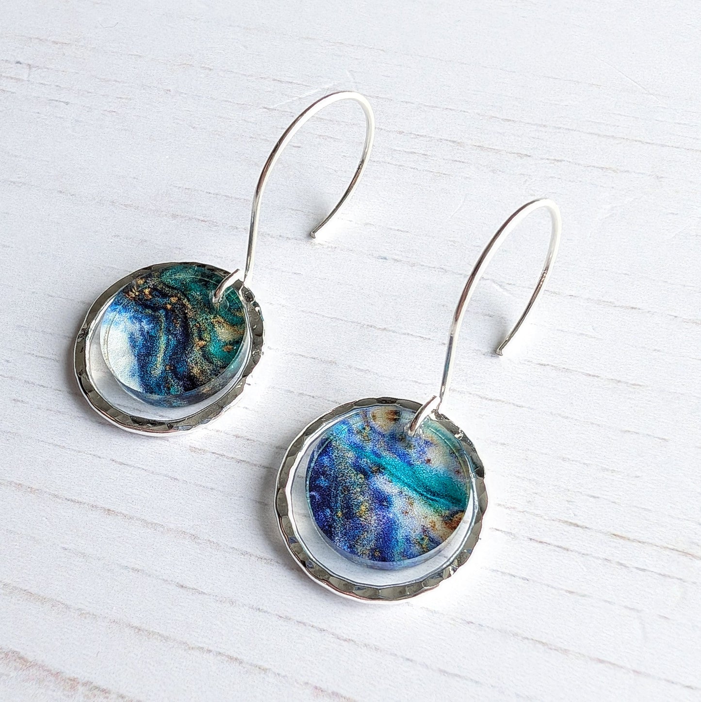 Hammered Sterling Silver circle earrings Natural Turquoise print