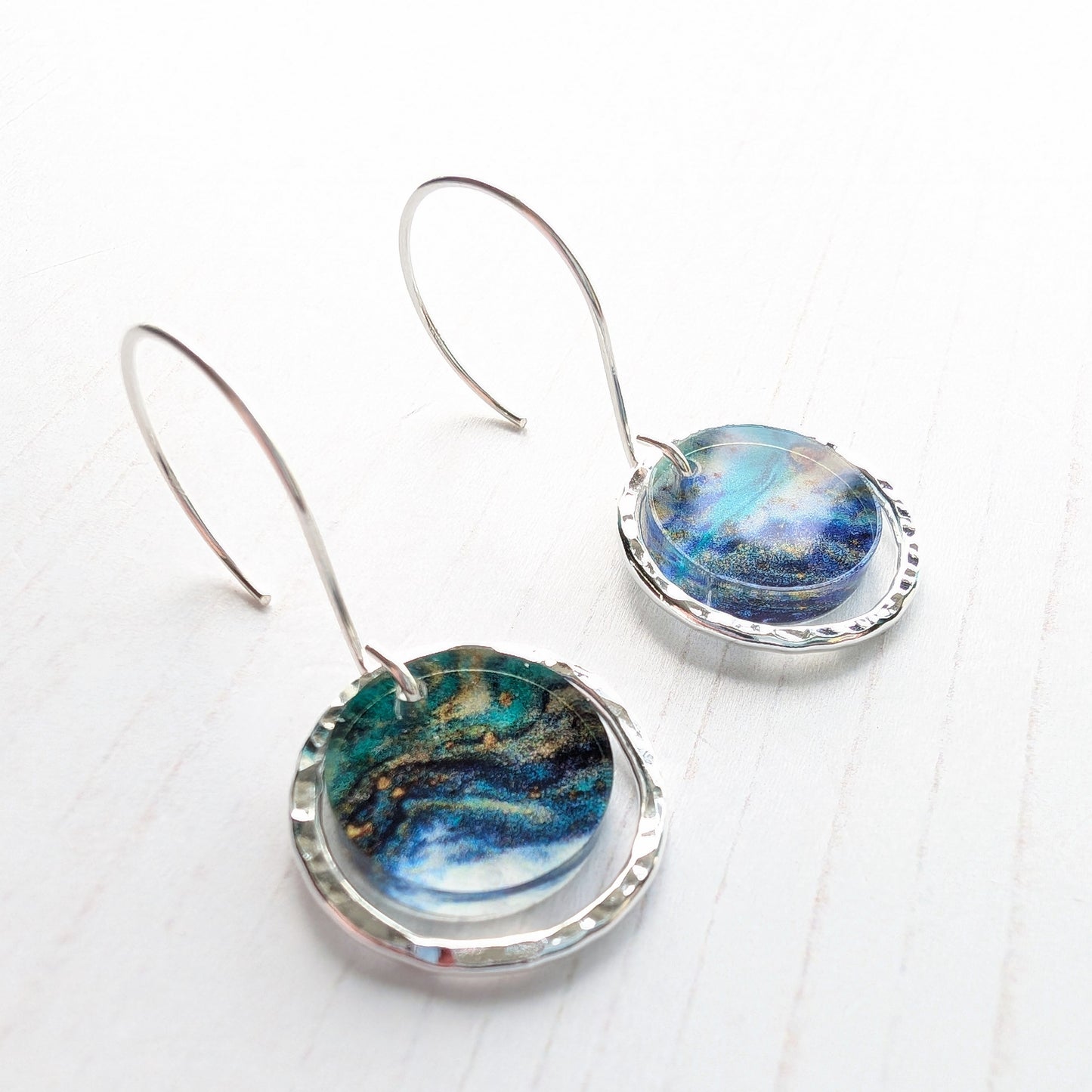 Hammered Sterling Silver circle earrings Natural Turquoise print