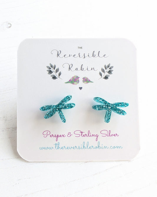 Dragonfly Studs, Turquoise Glitter