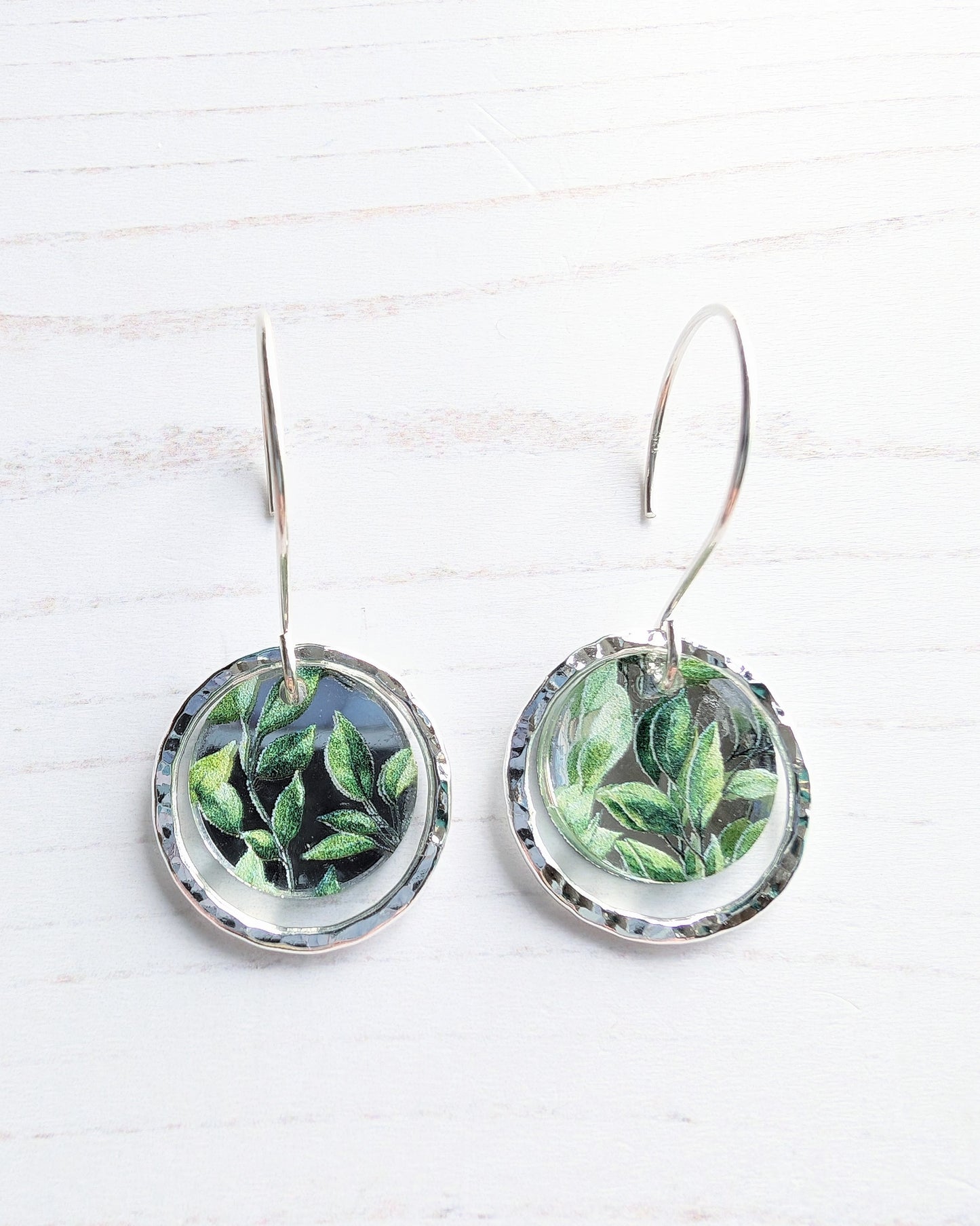 Hammered Circle earrings, leaves print