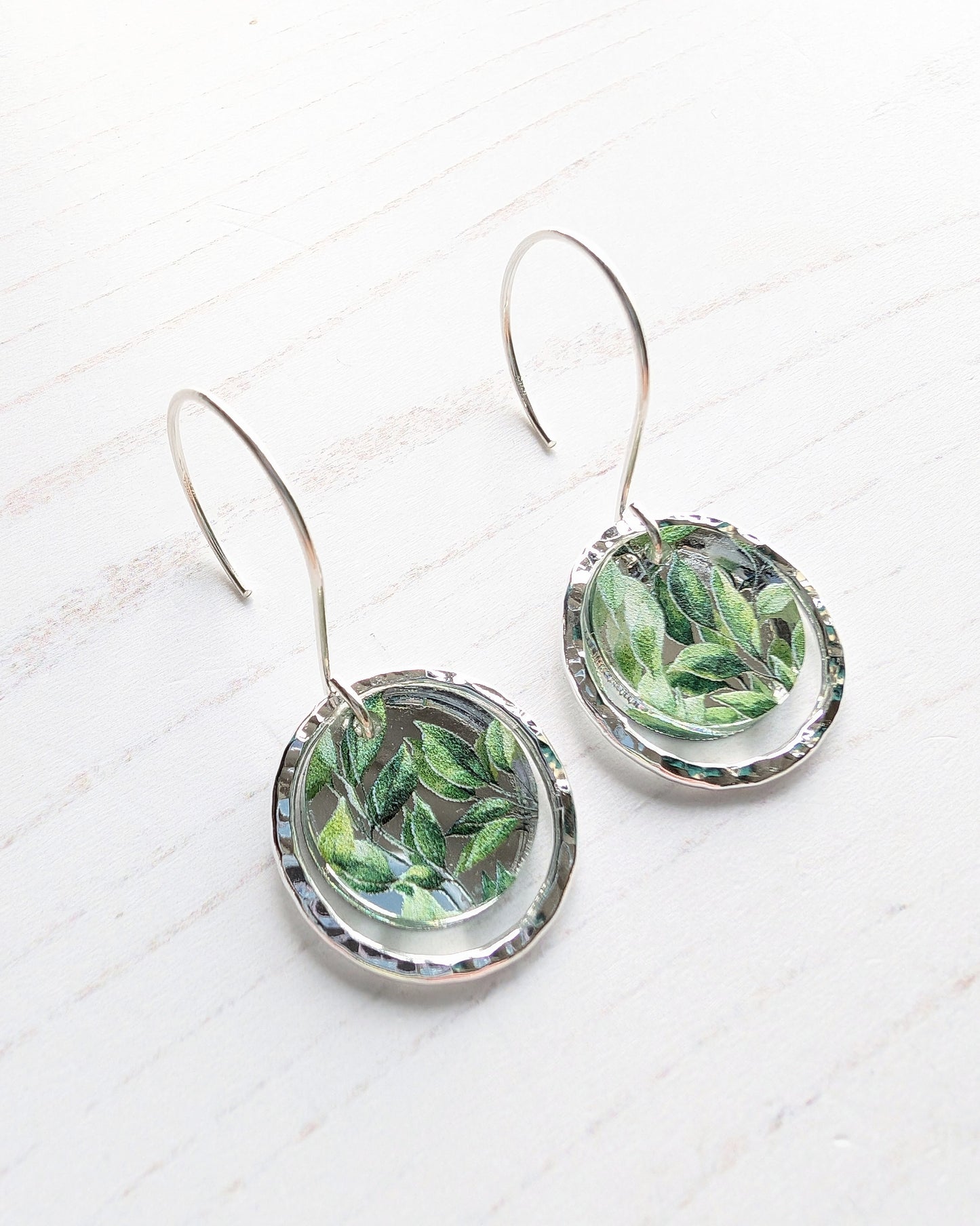 Hammered Circle earrings, leaves print