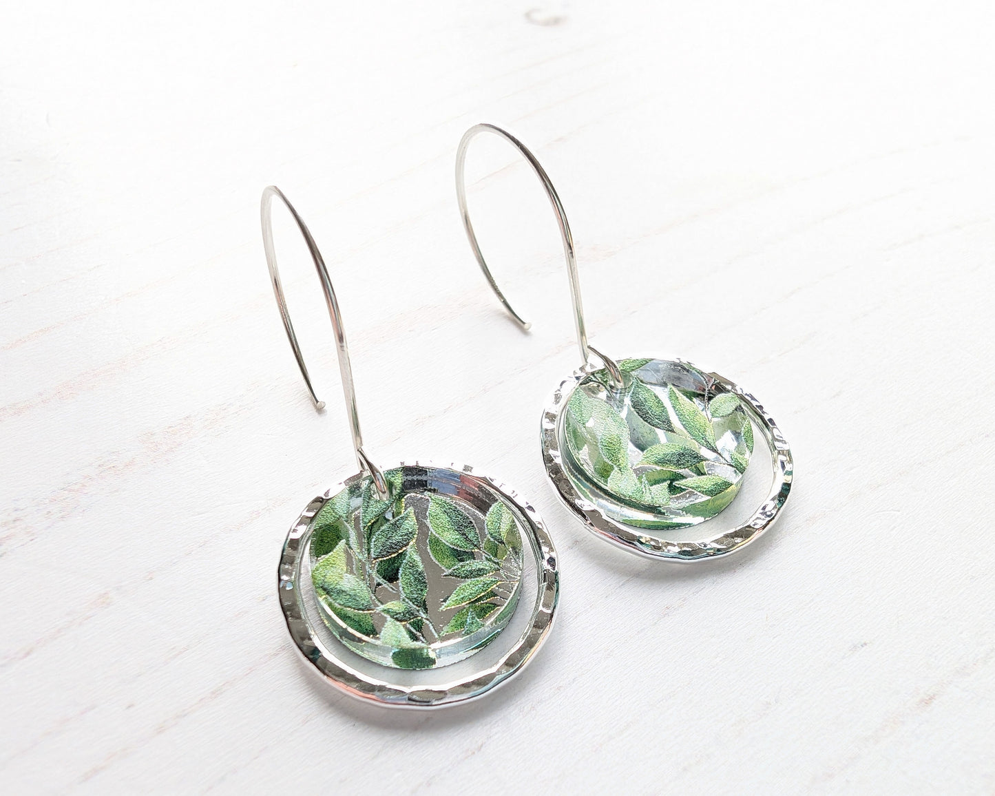 Hammered Circle earrings, leaves print