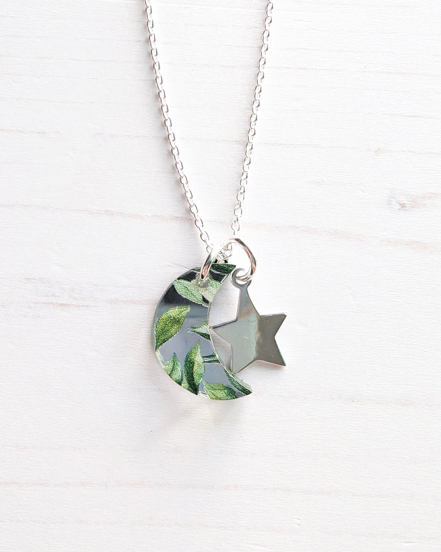 Moon and Star Pendant, leaf print