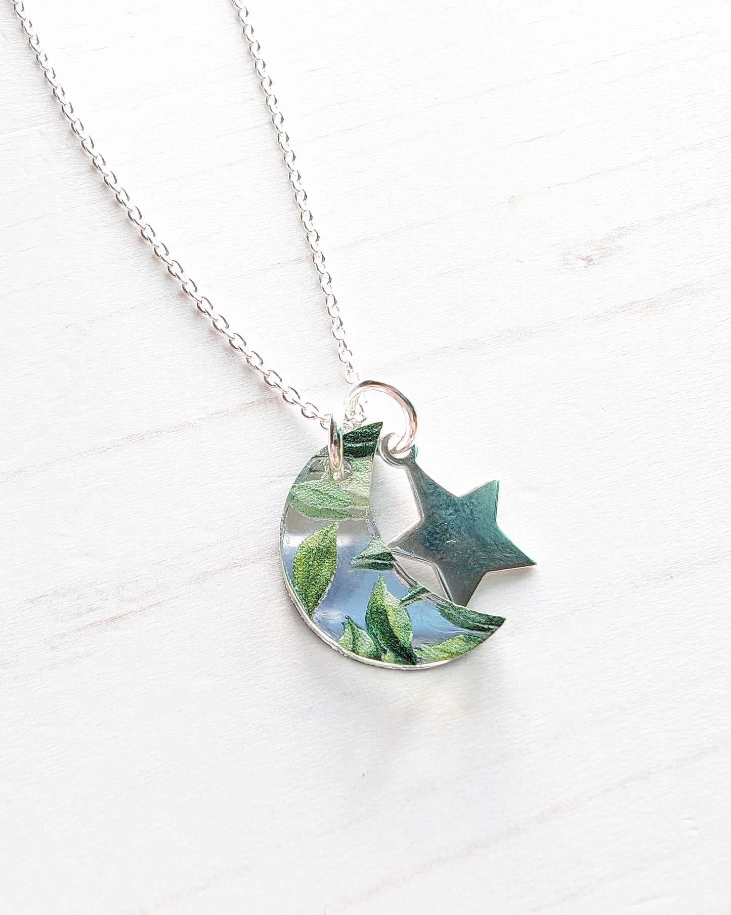 Moon and Star Pendant, leaf print