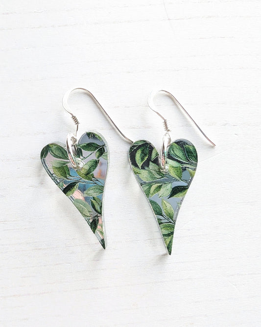 Long Heart Drop Earrings, leaf print