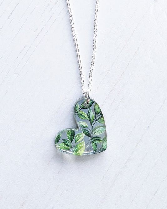 Puffy Heart Pendant, Leaf Print