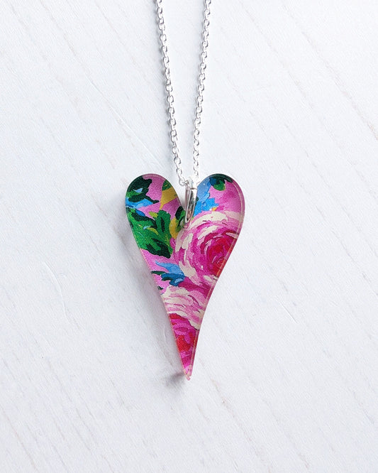 Long Heart Pendant - Pink Roses