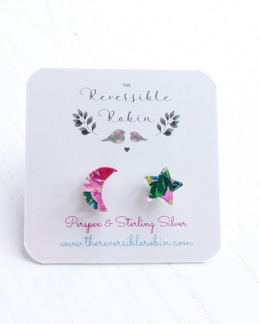 Moon & Star Studs - Pink Roses