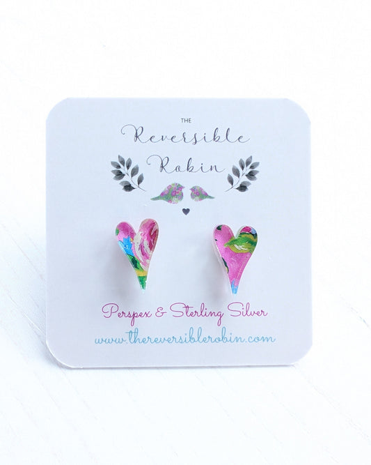 Long Heart Studs - Pink Roses