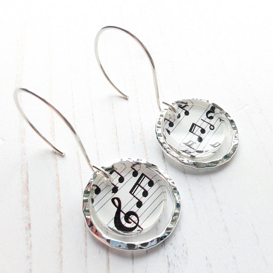 Hammered Circle Earrings Music Print