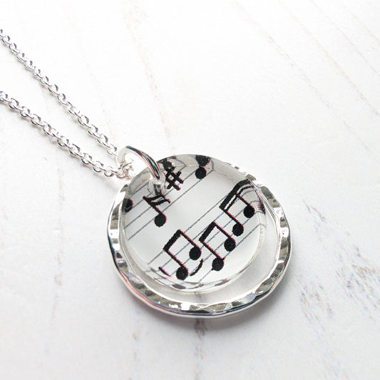 Hammered Circle Pendant, Music Print