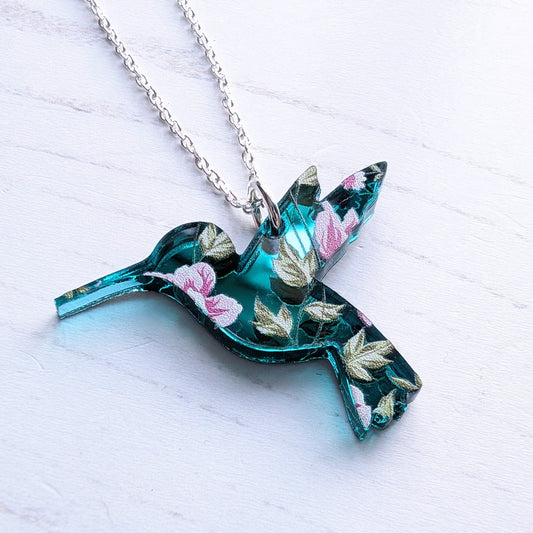Hummingbird pendant - Teal Mirror floral