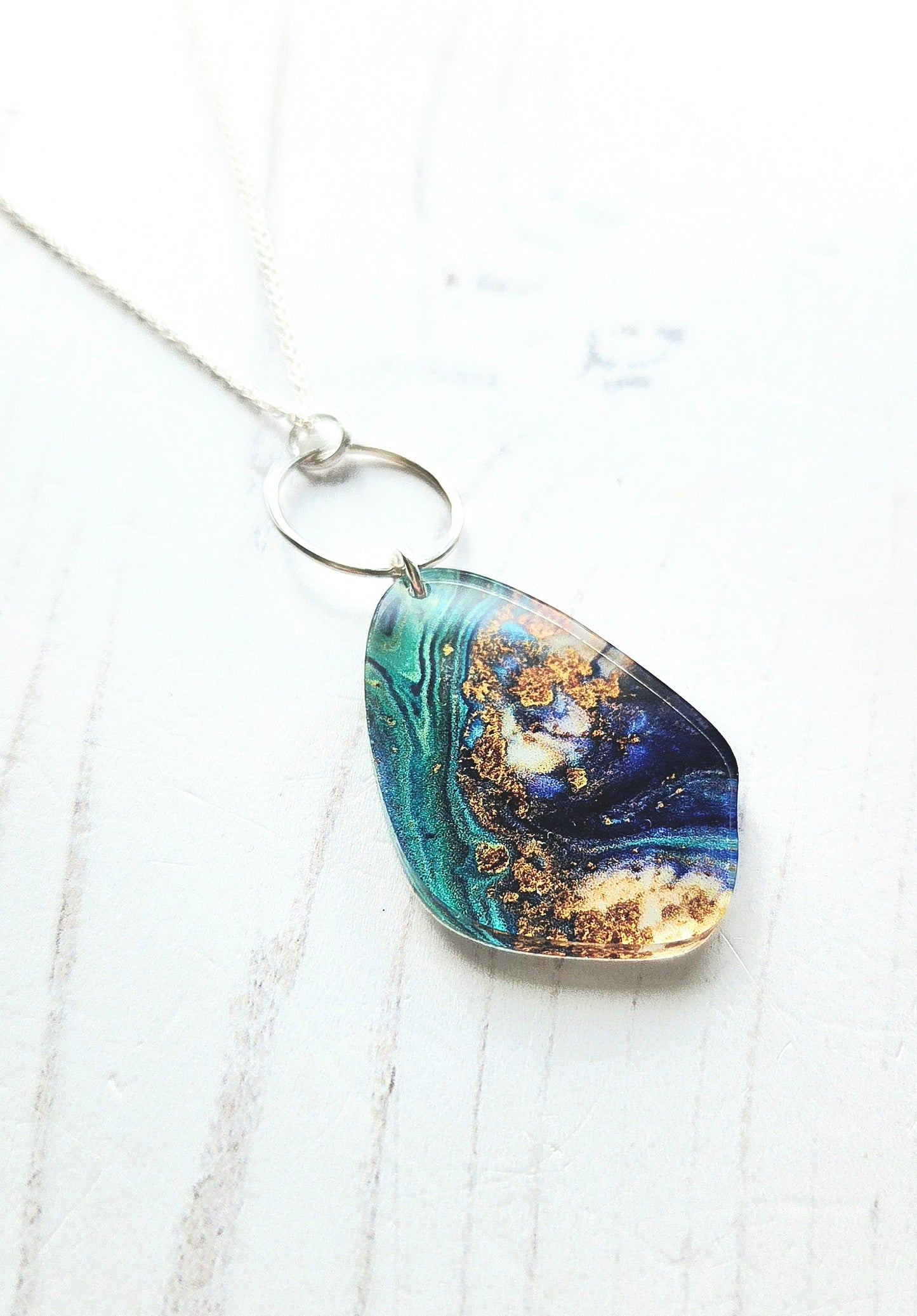 Statement Pebble and hoop pendant, turquoise and gold swirl