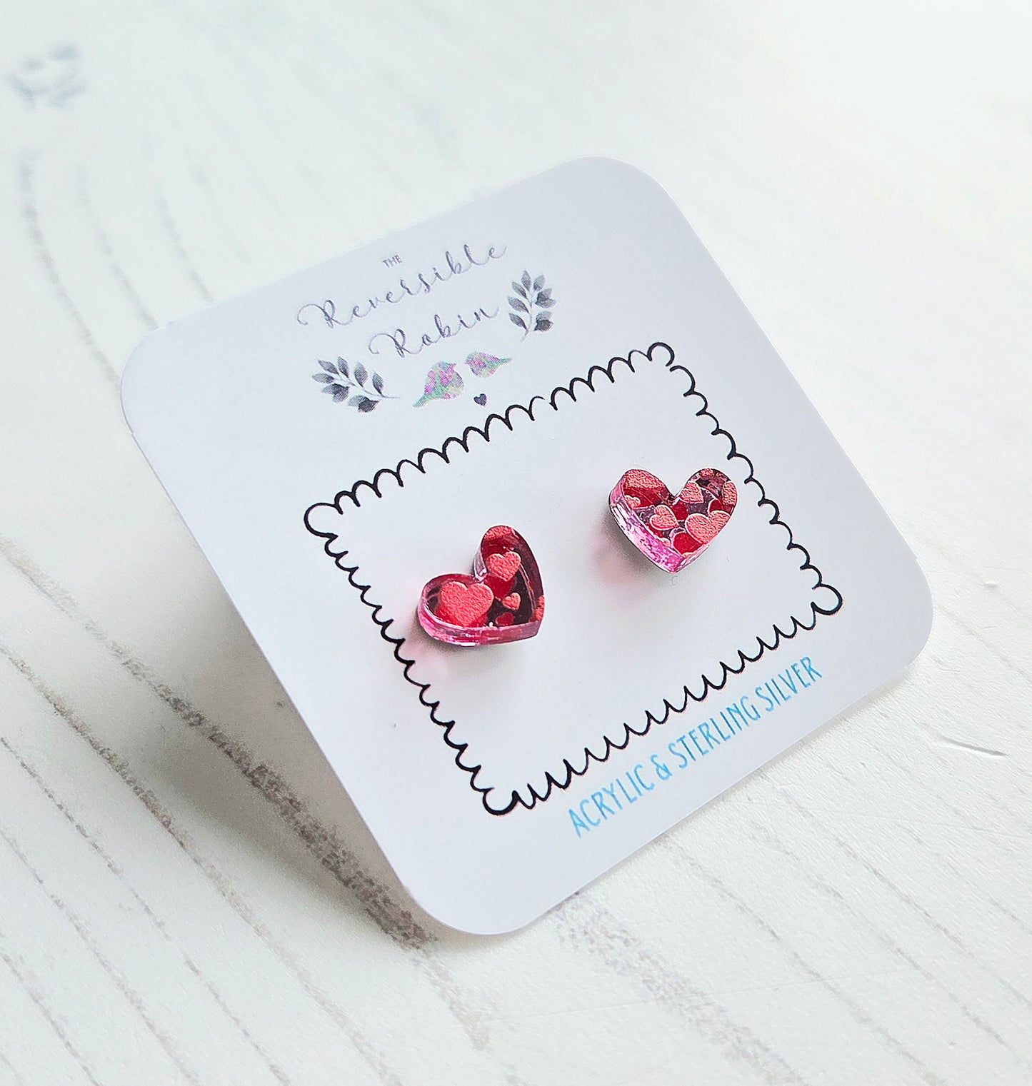 Puffy Heart Studs, pink mirror and red heart print