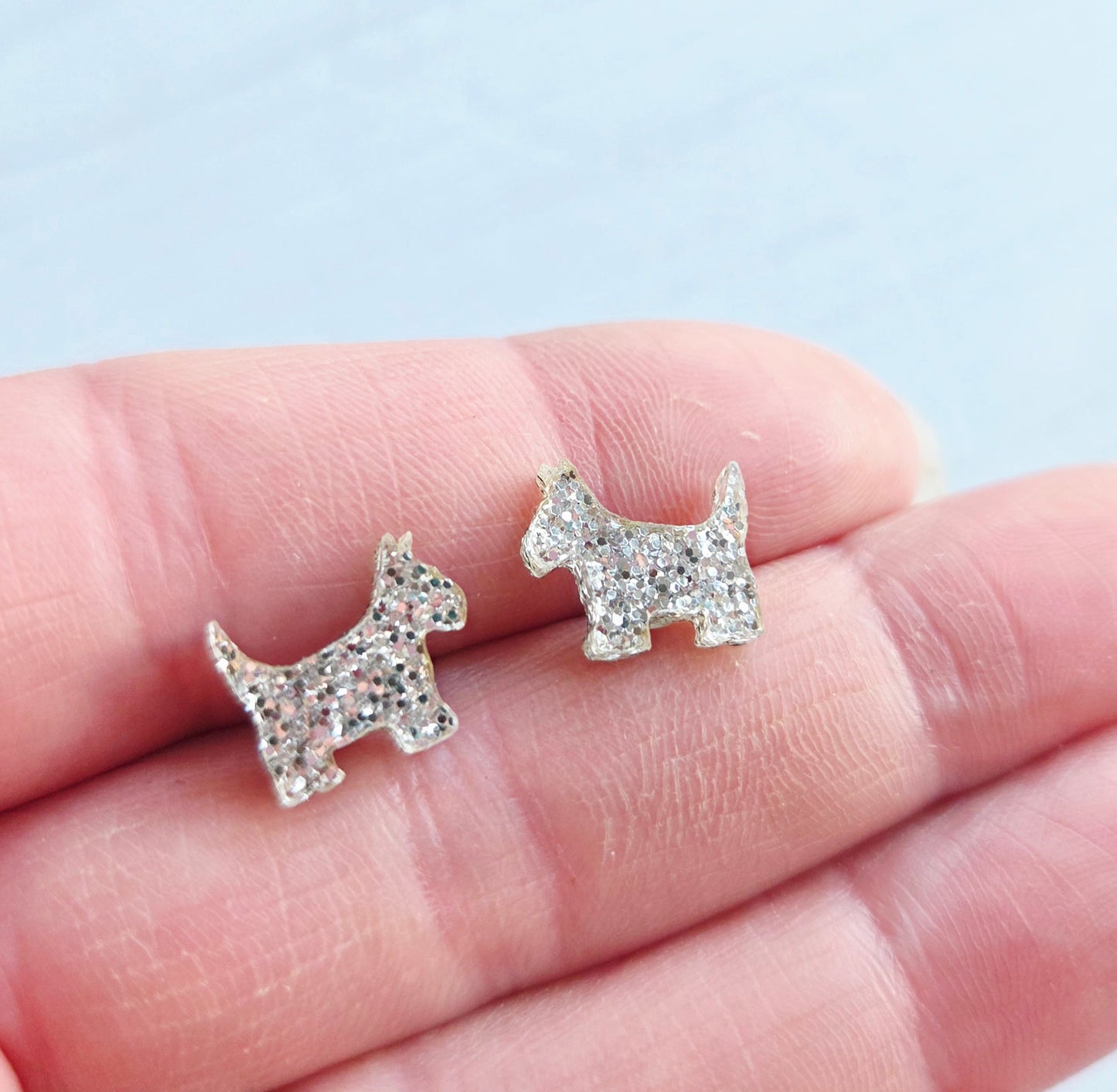 Scottie Dog studs, silver glitter