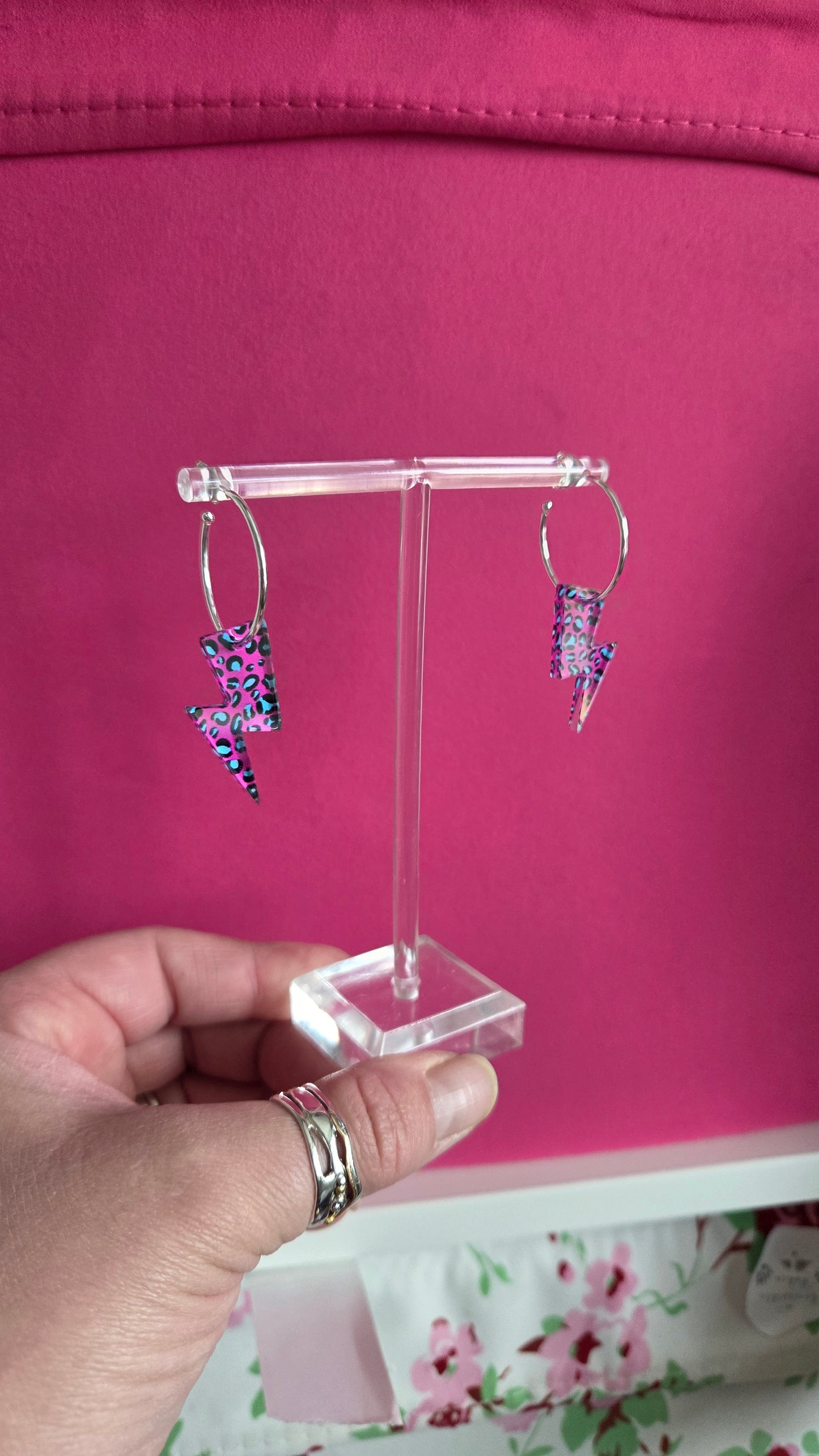 Lightning bolt hoops, pink leopard