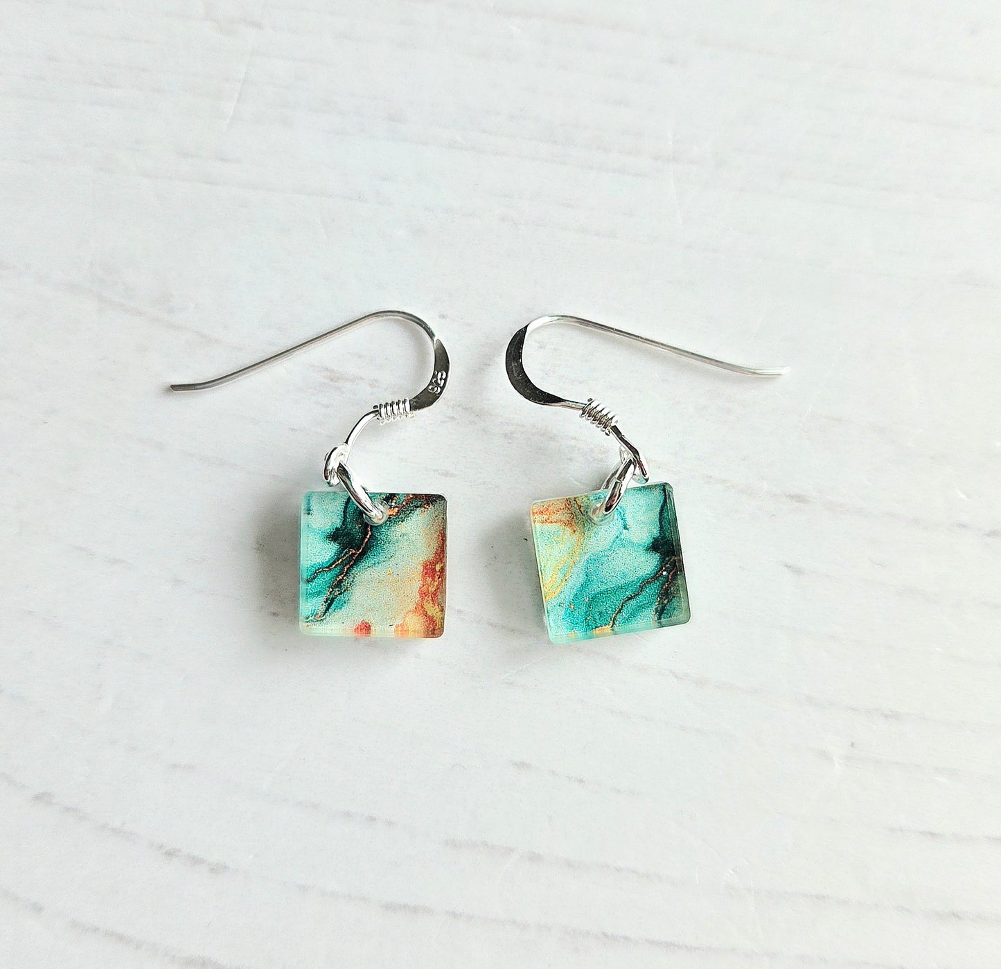 Square drop earrings, Green and orange marble