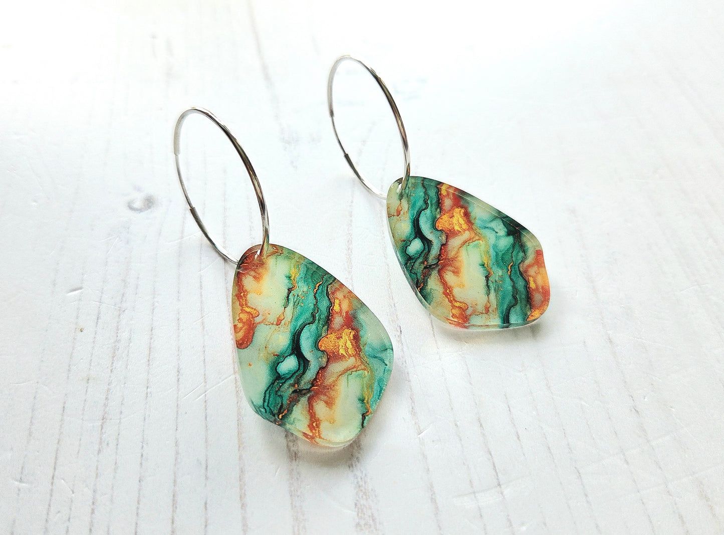 Statement Pebble Hoop earrings, Green and Orange swirl