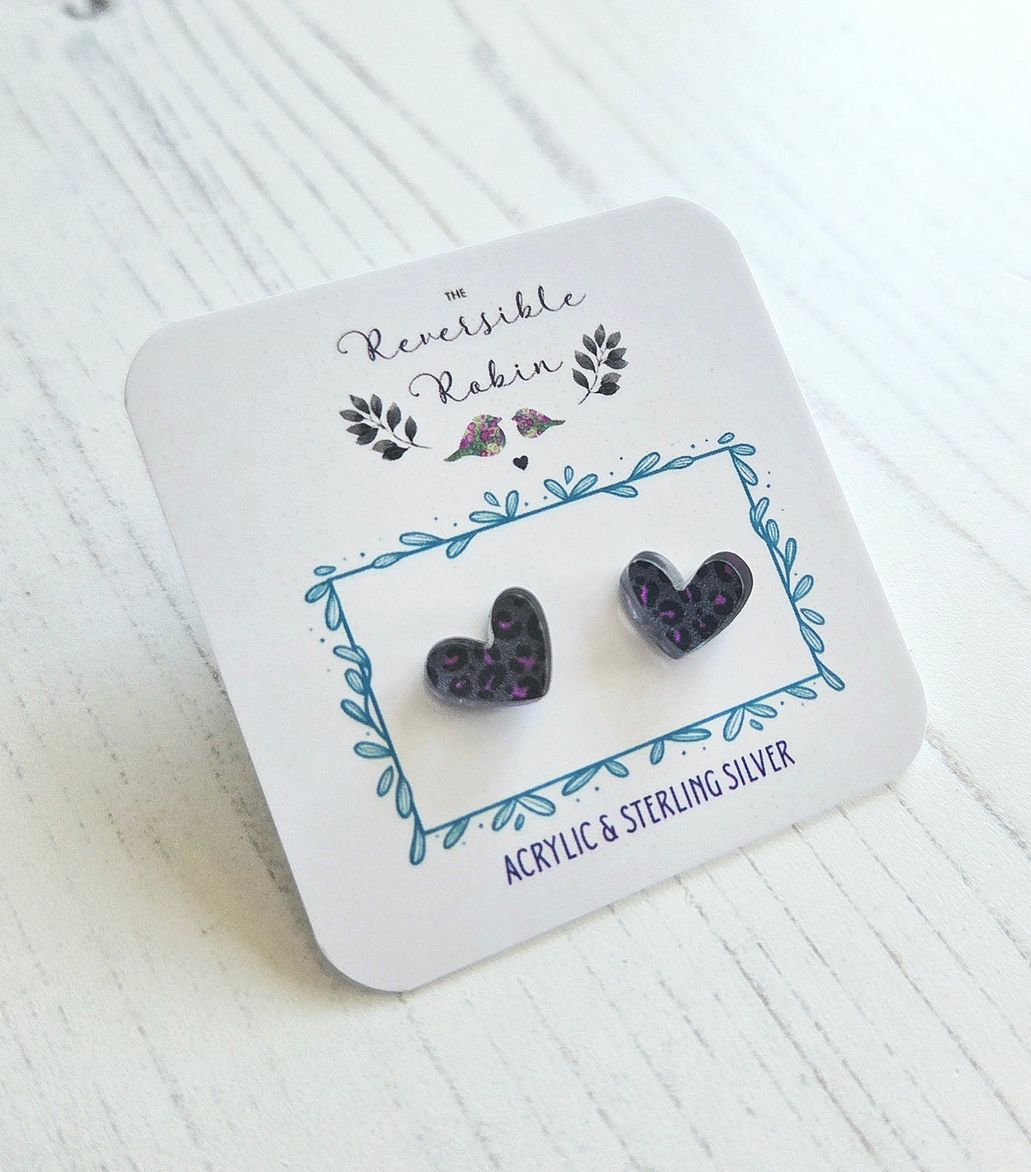 Puffy Heart Studs, Grey Leopard print