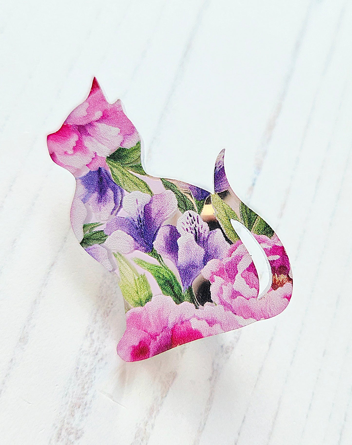 Cat Brooch, mirrored pink and purple flowers