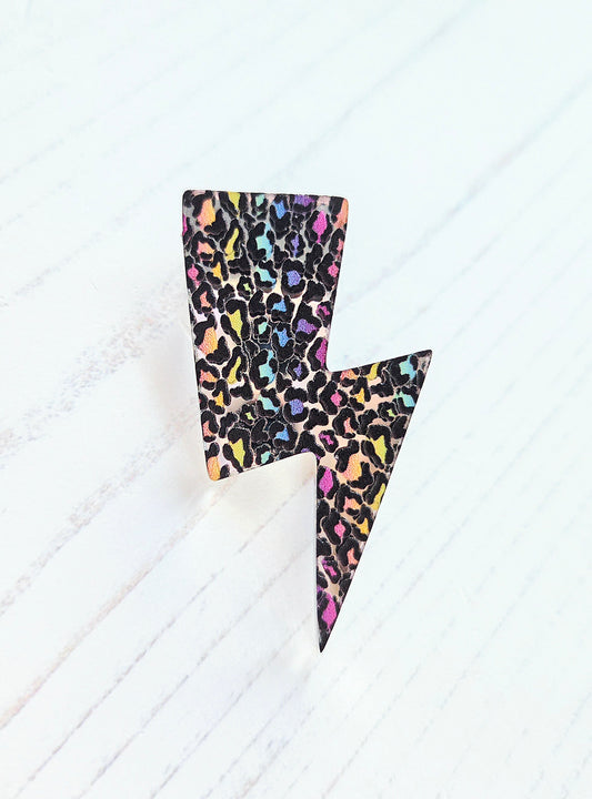 Lightning Bolt Brooch, Mirrored Rainbow Leopard print