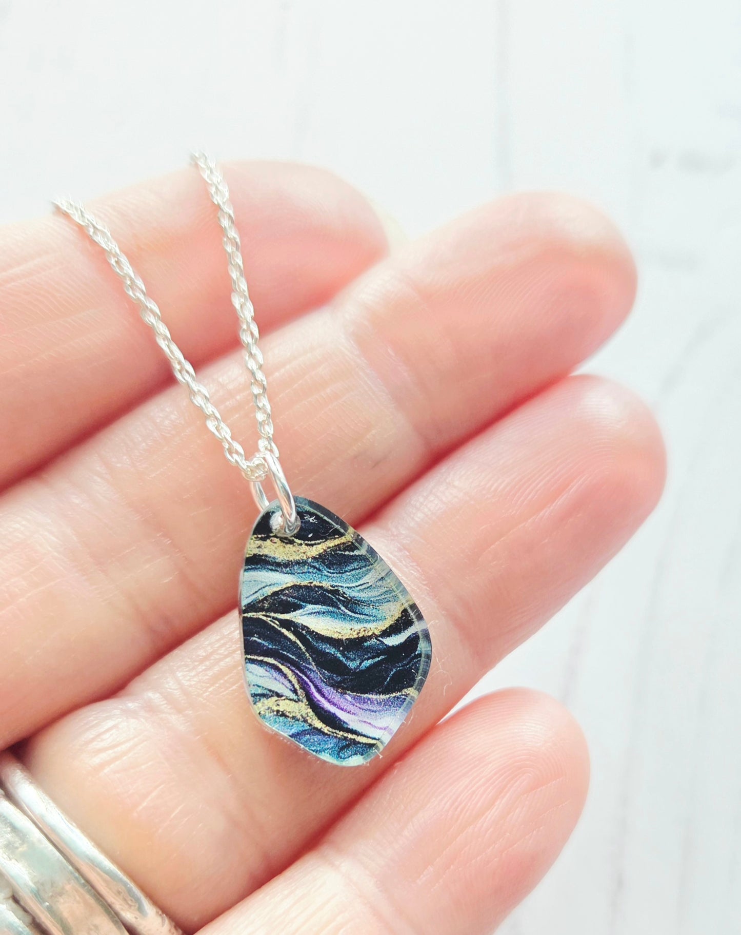 Mini Pebble Pendant, Green & Purple Ripple