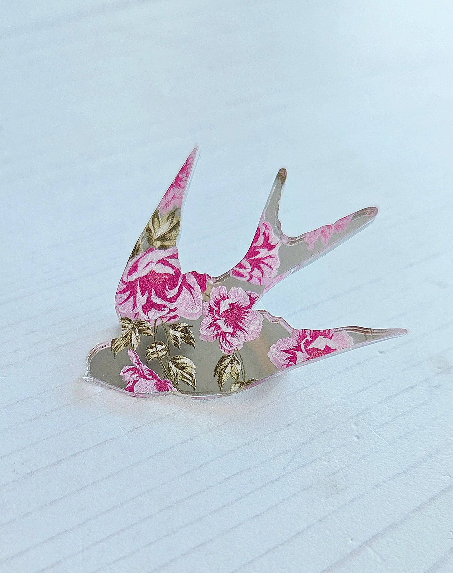 Swallow Brooch, Pink Flowers
