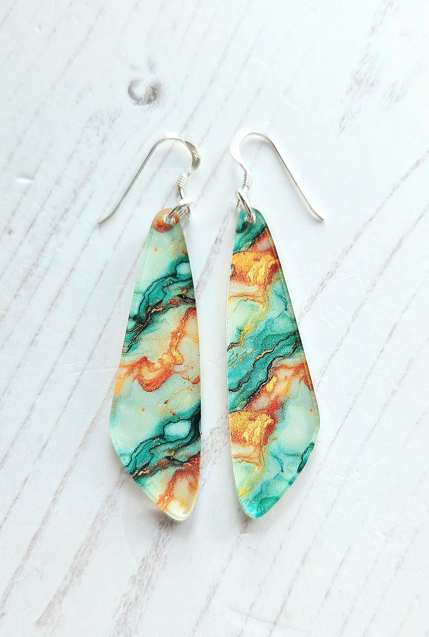 Statement drop earribgs, Green and orange ripple
