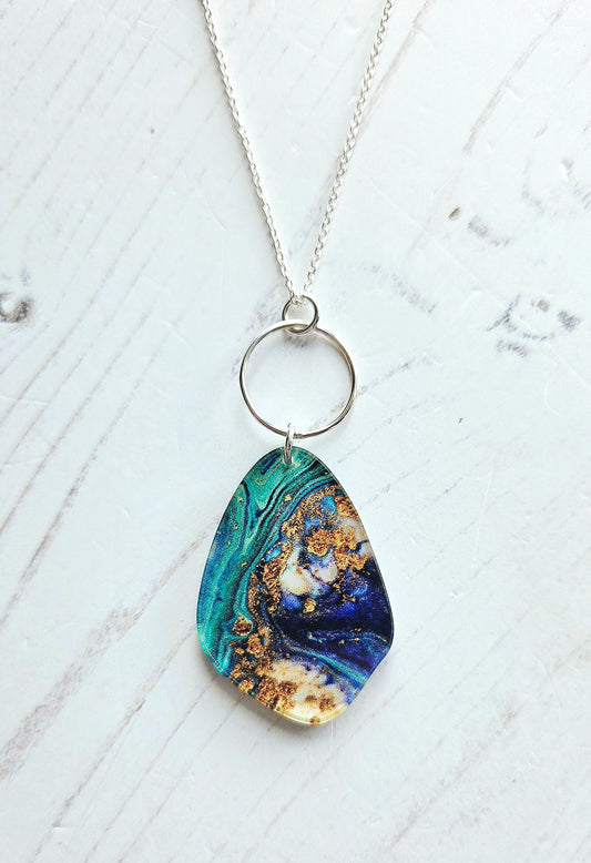 Statement Pebble and hoop pendant, turquoise and gold swirl