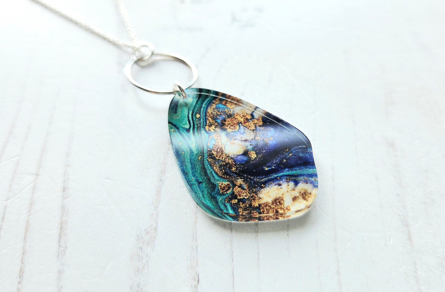 Statement Pebble and hoop pendant, turquoise and gold swirl