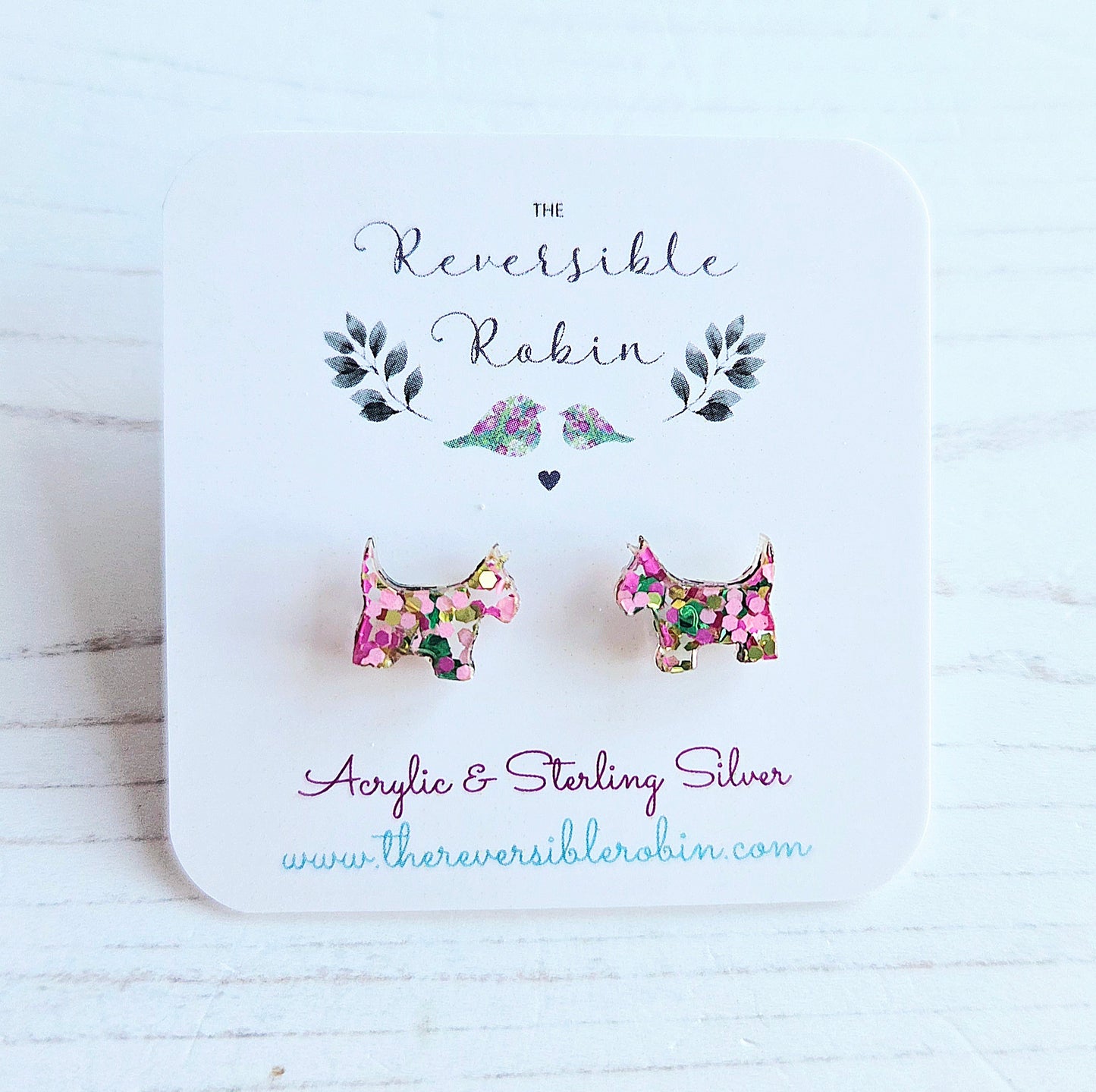 Scottie Dog studs, pink & green glitter