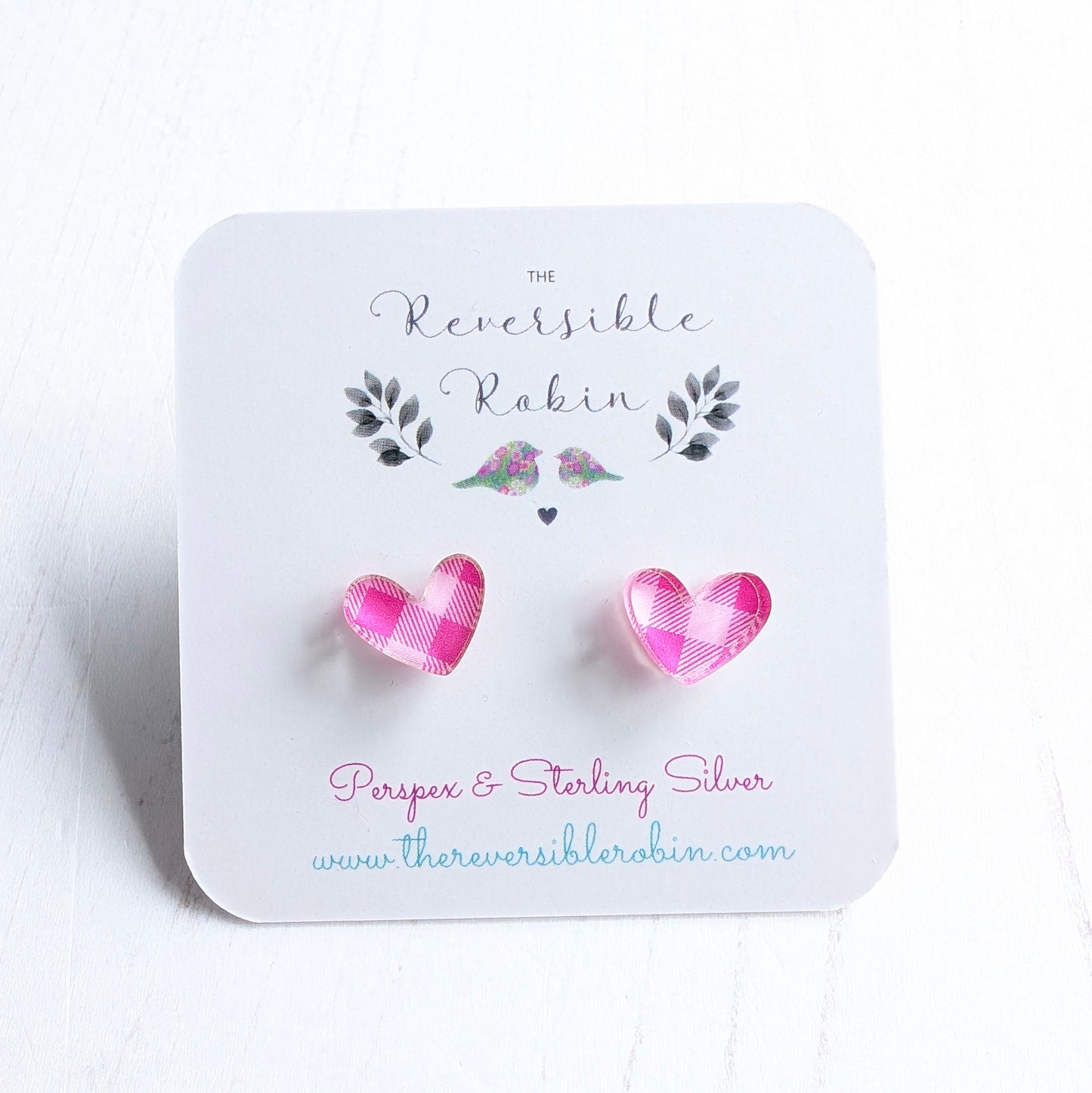 Pink Gingham Puffy Heart Studs