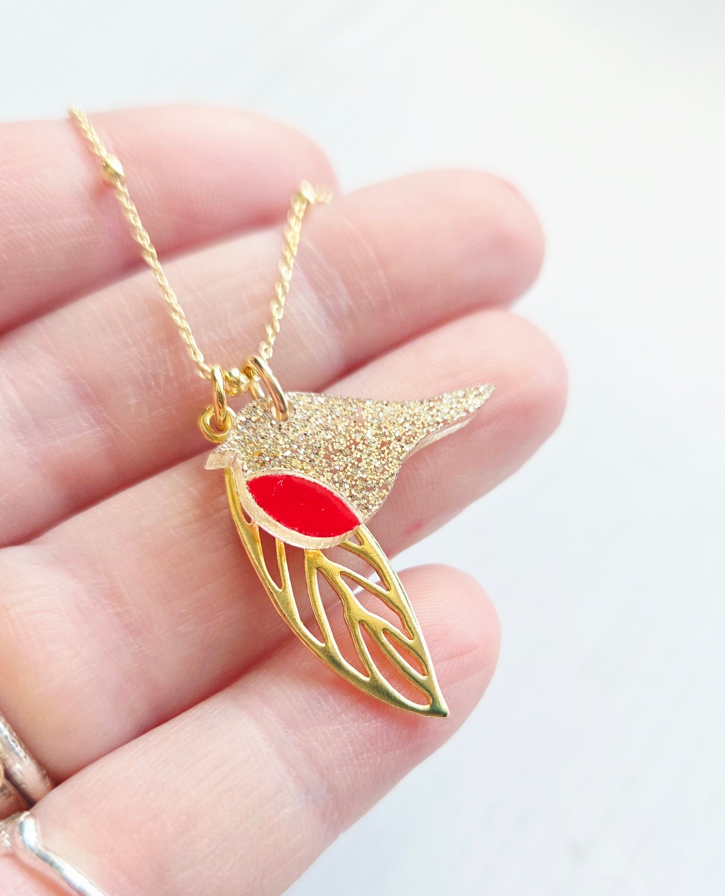 Robin and Leaf Pendant, Yellow Gold Vermeil, Limited edition Champagne shimmer