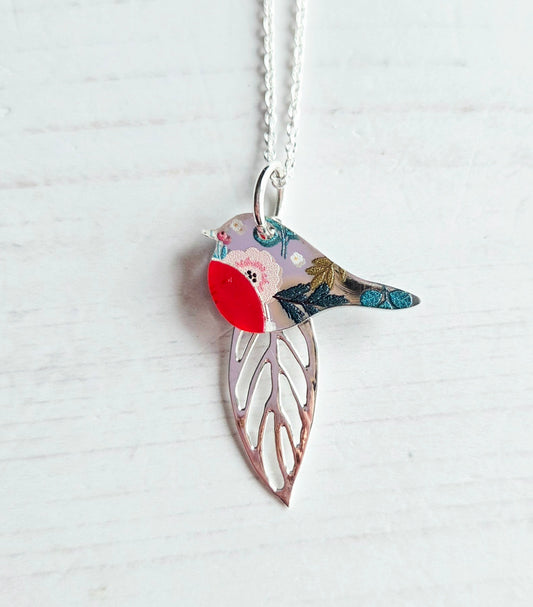Robin and Leaf Pendant, Silver Mirror
