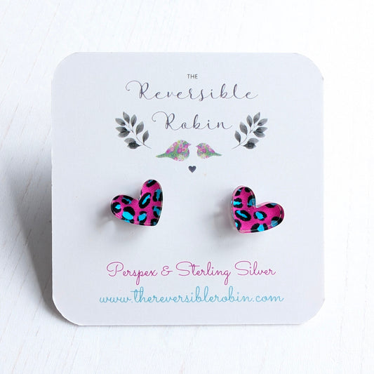 Pink Leopard Puffy Heart Studs
