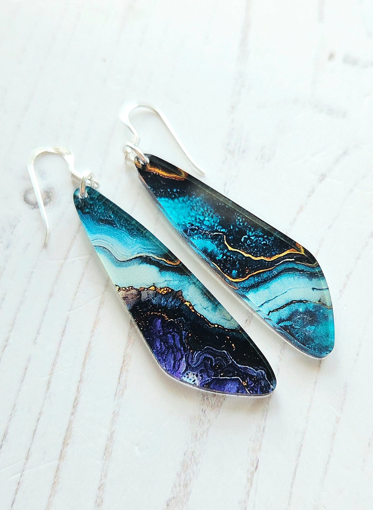Statement drop earrings, blue ripple