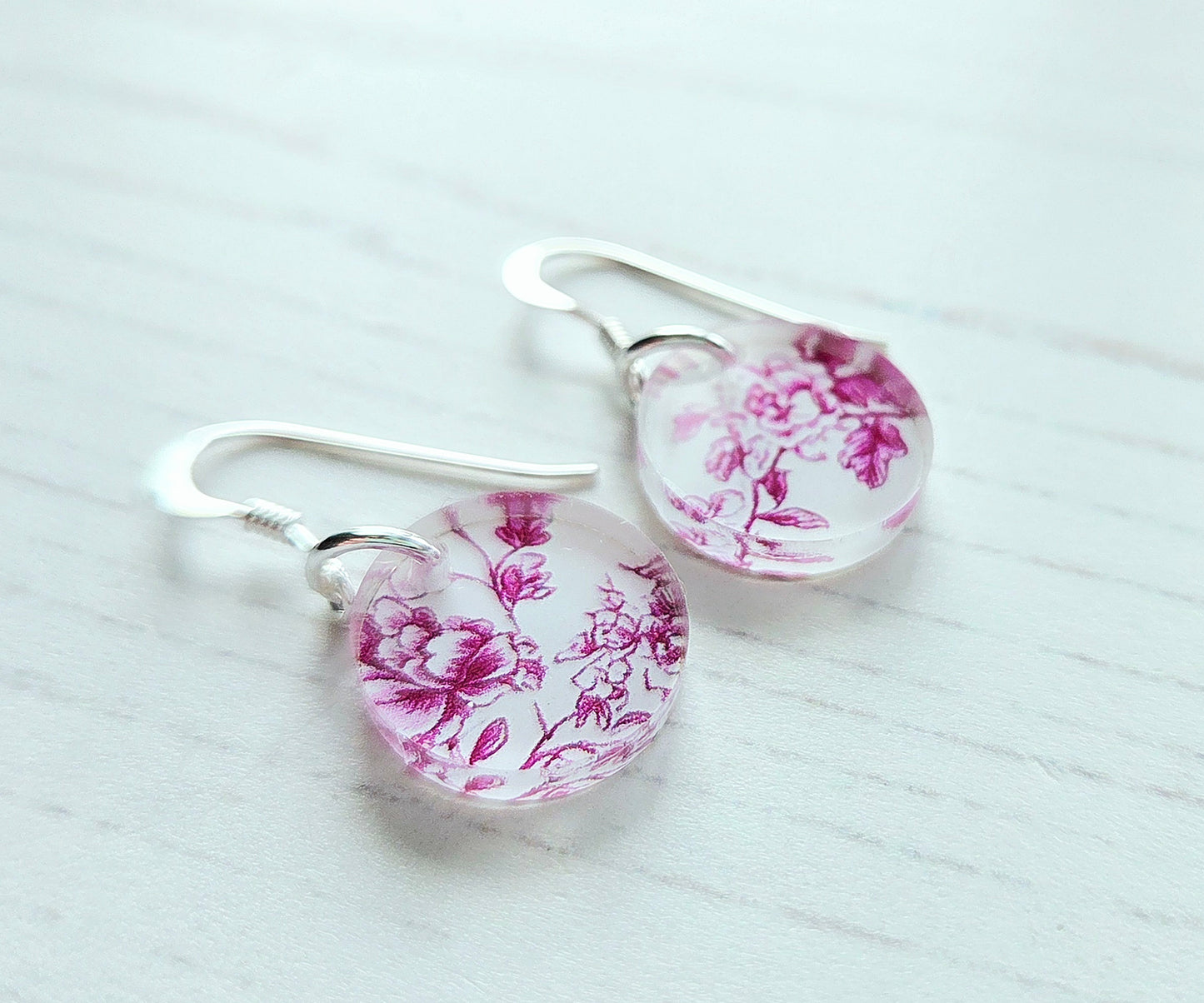 Circle Drop earrings, pink floral on white