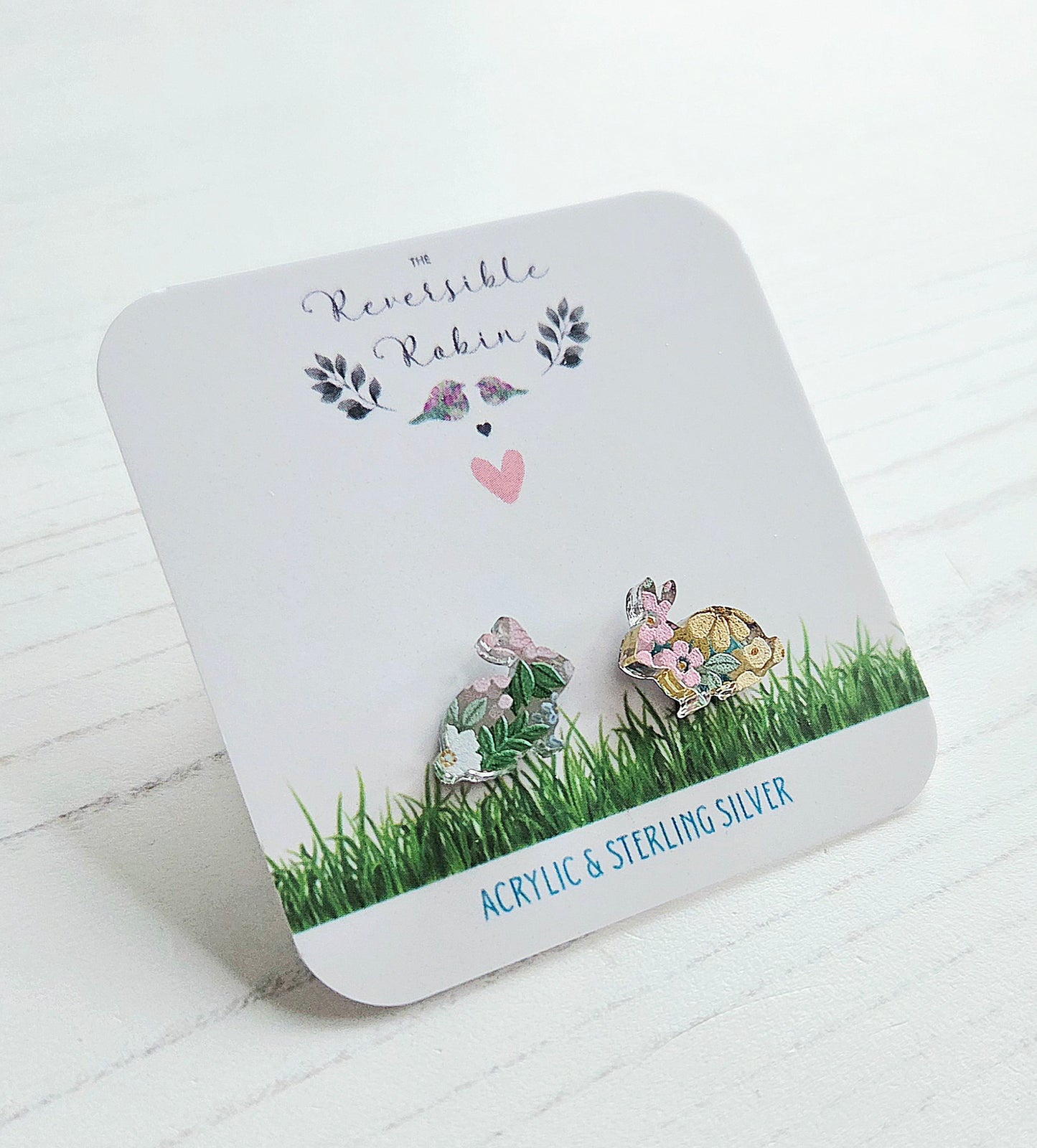 Rabbit studs, mirrored acrylic with pastel floral print